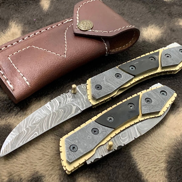 Black panther- Damascus Folding pocket knife-Groomsmen Gift -Survival. Hunting , camping & hiking knife