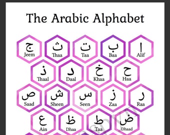 Printable Purple/Pink Hexagon Arabic Alphabet with Transliteration Art Print- Instant Download