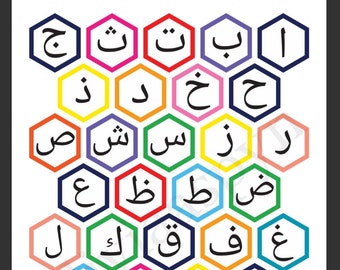 Printable Multicoloured Hexagon Arabic Alphabet Art Print- Instant Download