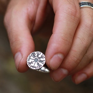 Signet rustic ring with a Vegvisir or Viking Compass, a gift for pagans and fans of the Viking history and culture. Icelandic magical stave.