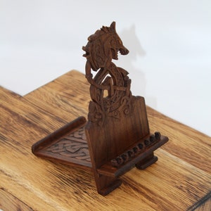 Wooden Phone Stand, Viking Design, Fenrir, Asatru, Nordic, iPhone Holder for Desk, Desk Organizer, Office Gift, Mobile Phone Stand Holder