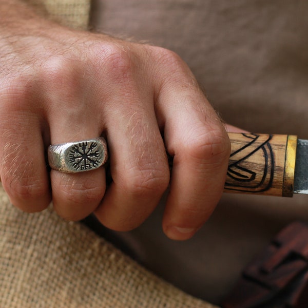 Vegvisir, Wayfinder, Viking Compass, Rune, Pagan Jewelry, LARP SCA, Reenactment, Nordic, Norse, Signet Ring, Solid Ring, Rustic Men