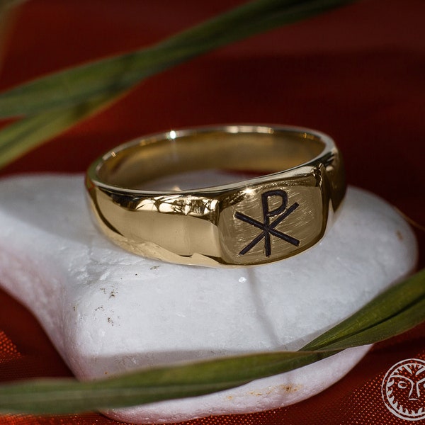Anello cristiano con il simbolo Chi Rho, anello CHRist con Alpha e Omega, regalo per i cristiani, una replica dell'anello Christogram altomedievale