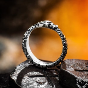 May include: A silver ring with a detailed snake design. The snake's head is facing forward and the ring is on a dark background.