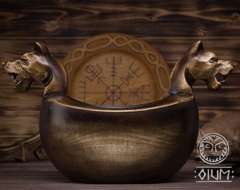 Hand Carved Viking Wolf Wooden Bowl, Norse Geri Freki Dish