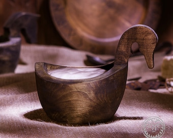 Hand Carved Duck Head Wooden Bowl, Norse Viking Decor