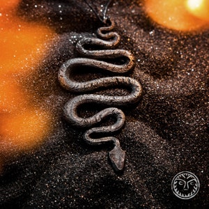 May include: A silver snake pendant necklace with a textured, scaly design. The pendant is hanging on a black cord against a dark, sparkly background.