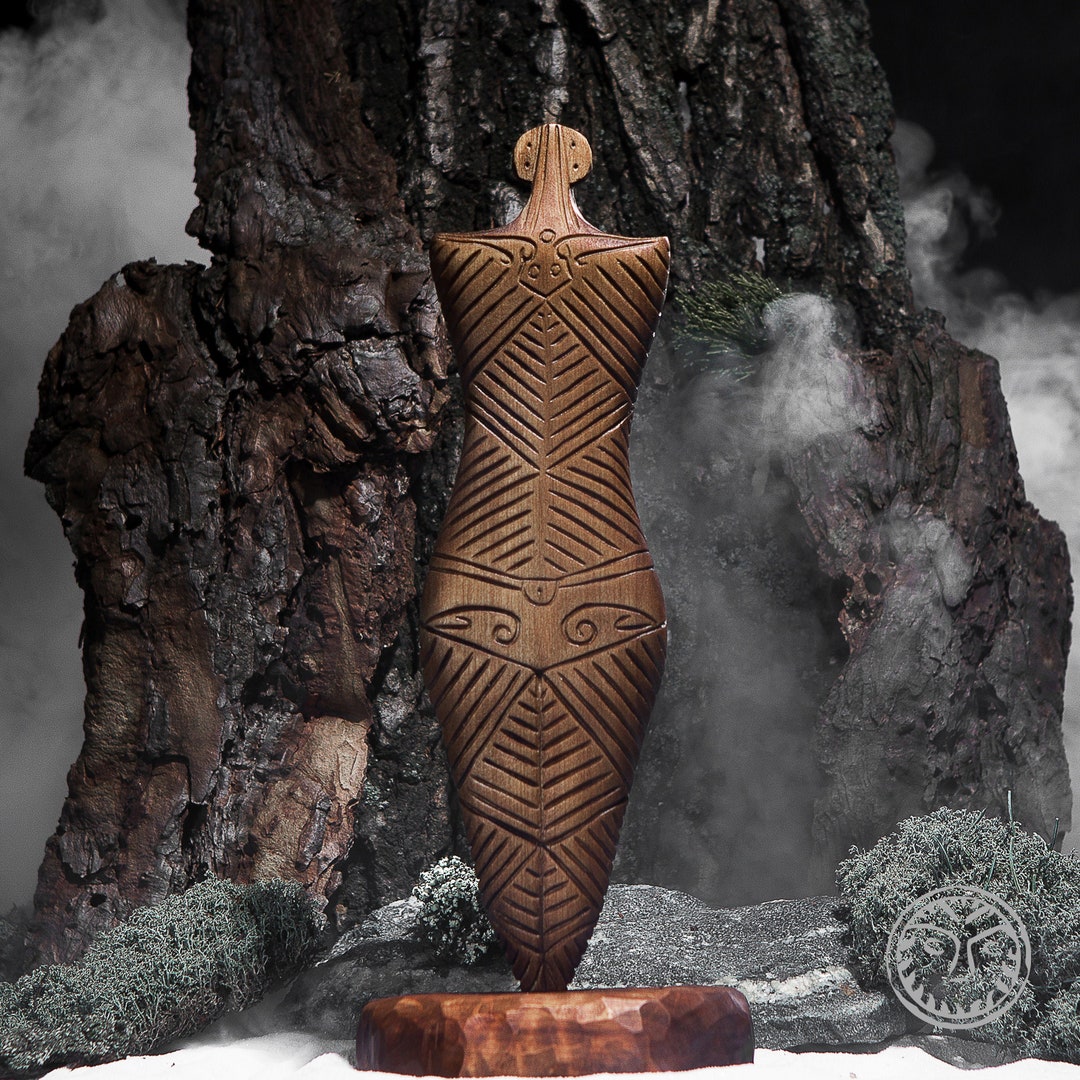 Hand Carved Wood Idol, Cucuteni Female Figurine, Primitive