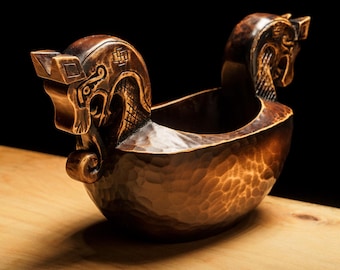 Hand Carved Wooden Dragon Head Bowl, Norse Viking Cup