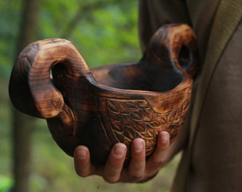 Carved Bowl, Wood Bowl, Wooden Cup, Wooden Vessel, Dish, Norse, Viking Kitchen, LARP, SCA, Reenactment, Asatru, Ducks,