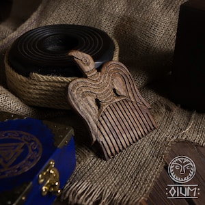 Hand Carved Wooden Comb, Viking Odin Raven, Norse Amulet