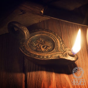 Roman oil lamp, ancient Greek lamp with Silenus, Greek mythology, Roman Empire, pottery lamp, antique style, Roman design, home decor