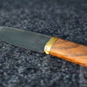 Puede incluir: Primer plano de un cuchillo peque&ntilde;o con mango negro y una virola de lat&oacute;n. La hoja es de acero y tiene un borde ligeramente curvado. El mango es de madera y tiene un acabado marr&oacute;n oscuro.