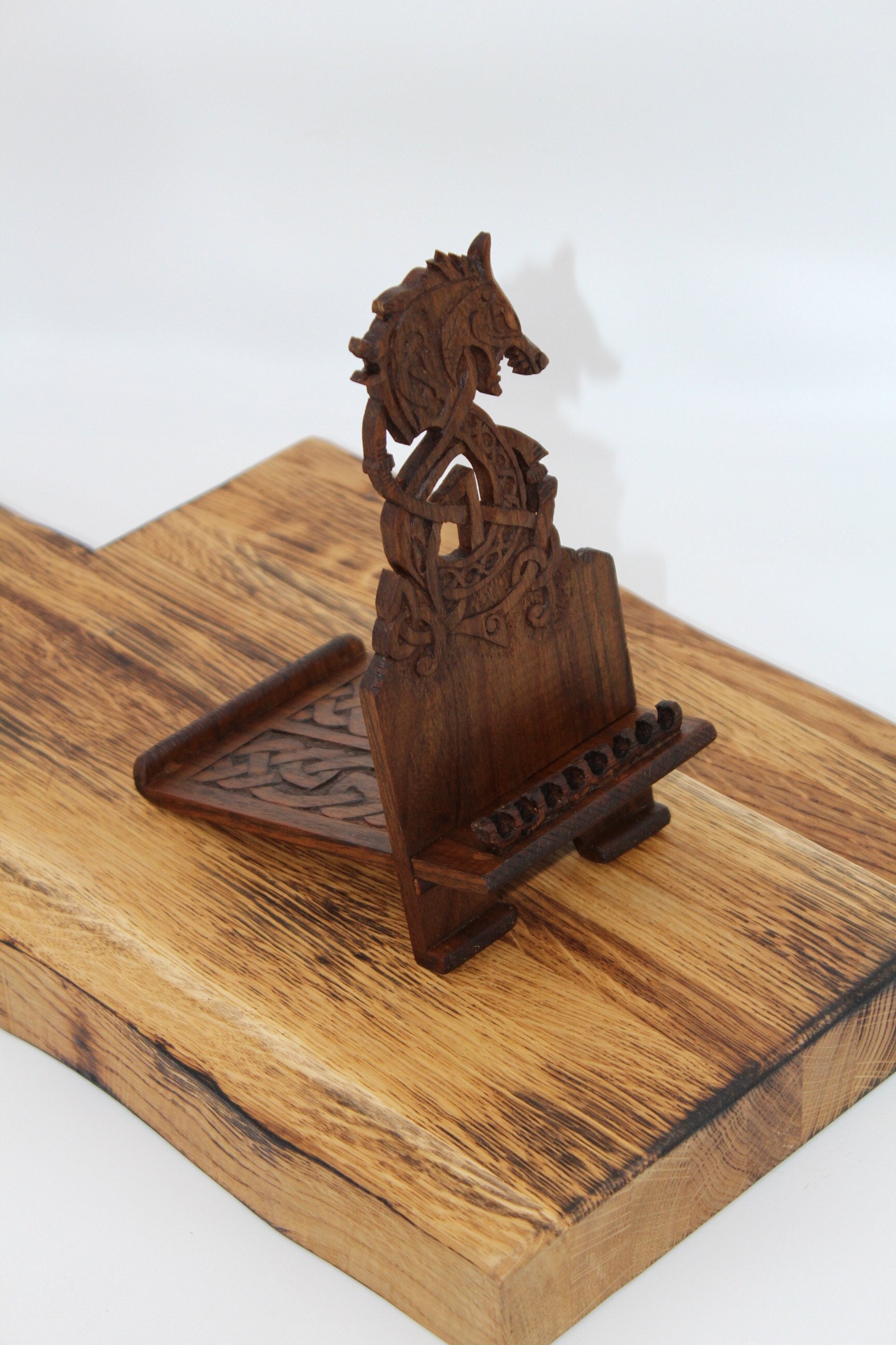 Wooden Phone Stand, Viking Design, Fenrir, Asatru, Nordic, iPhone Holder for Desk, Desk Organizer, Office Gift, Mobile Phone Stand Holder