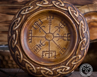 Hand Carved Vegvisir Wood Plate, Norse Viking Dish