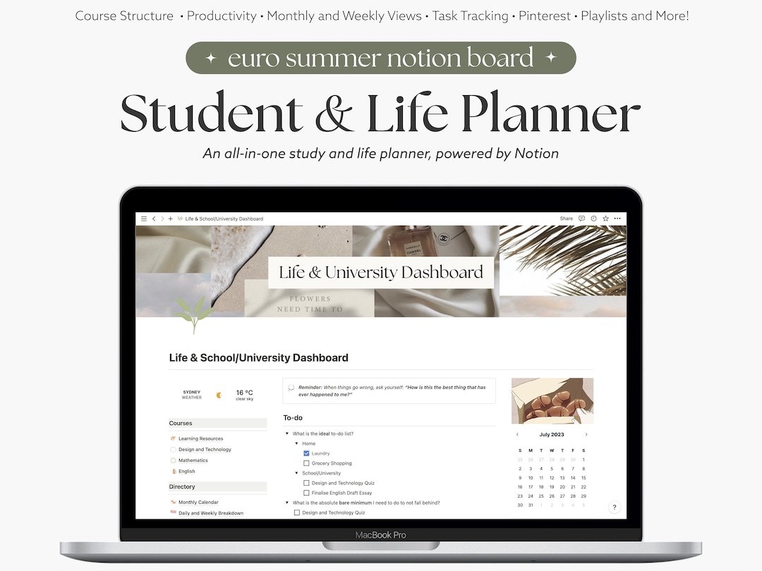 Euro Summer / That Girl Student and Life Notion Planner Template Etsy