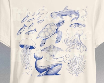 Camiseta vintage de los 90 con temática marina, camiseta retro con estampado de animales del océano