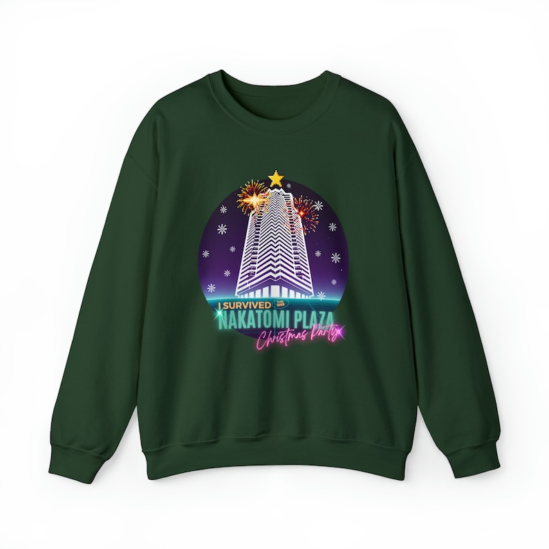 Die Hard 1988 Xmas Crewneck Sweater, Nakatomi Plaza Sweater, Funny Christmas Sweater, Bruce Willis Christmas, Die Hard 80s Sweatshirt Forest Green