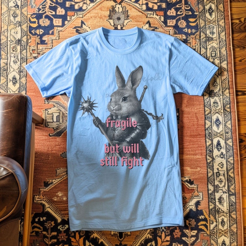 K&ouml;nnte beinhalten: Hellblaues T-Shirt mit einer detaillierten Illustration eines Kaninchens in R&uuml;stung, das eine Keule und ein Schwert h&auml;lt. Der Text "fragile but will still fight" ist darunter in Rosa gedruckt.