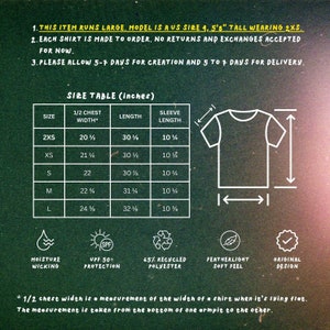 May include: Size chart for a t-shirt with measurements in inches for chest width, length, and sleeve length. Sizes include 2XS, XS, S, M, and L. The chart also includes icons for moisture wicking, UPF 50+ protection, 65% recycled polyester, featherlight soft feel, and original design.