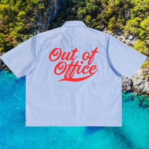 Out of Office Oversized Boxy Shirt – Unisex Blue Vertical Stripe Beach Cruise Button-Up