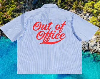 Out of Office Oversized Boxy Shirt – Unisex Blue Vertical Stripe Beach Cruise Button-Up
