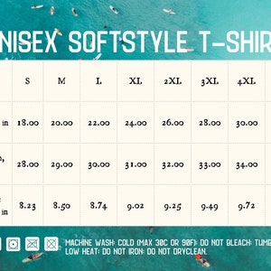 May include: Unisex softstyle t-shirt size chart with measurements in inches for width, length, and sleeve length. Sizes range from S to 5XL.