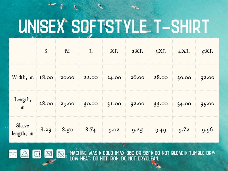 May include: Unisex softstyle t-shirt size chart with measurements in inches for width, length, and sleeve length. Sizes range from S to 5XL.