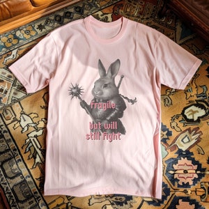 K&ouml;nnte beinhalten: Hellrosa T-Shirt mit detaillierter Illustration eines Kaninchens in R&uuml;stung, das eine Keule und ein Schwert h&auml;lt. Der Text "fragile but will still fight" ist unter dem Kaninchen in Rosa gedruckt. Das Shirt ist aus weichem Material.