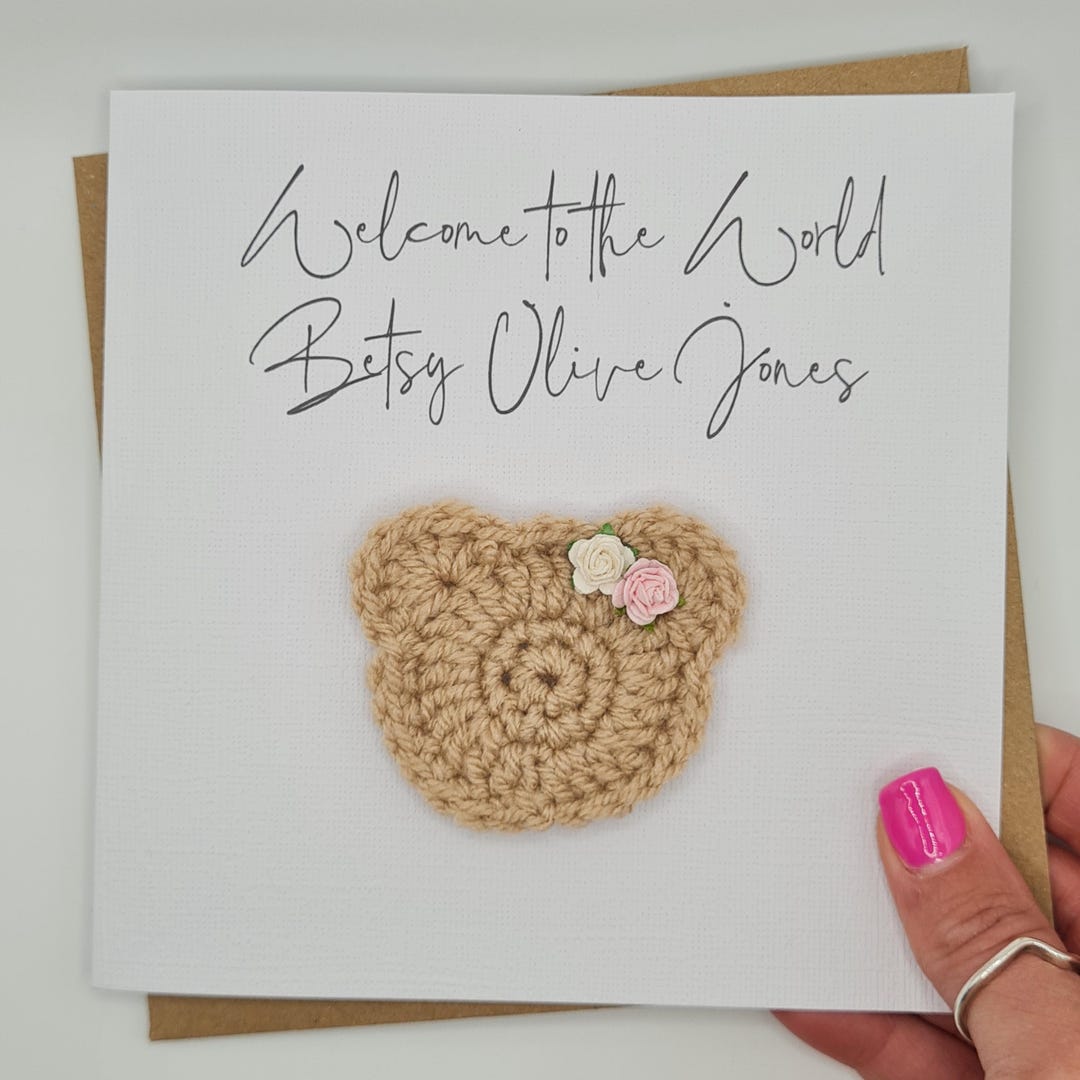 Personalised Crochet New Baby Card, Handmade Crochet Bear, Luxury New ...
