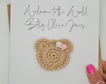 Personalised Crochet New Baby Card, Handmade Crochet Bear, Luxury New ...