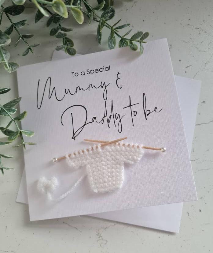 Baby Shower Card Mummy & Daddy Card For Baby Shower Gifts Pregnancy Gift New Mum to be Pregnancy Card Personalised Handmade Knitted Jumper