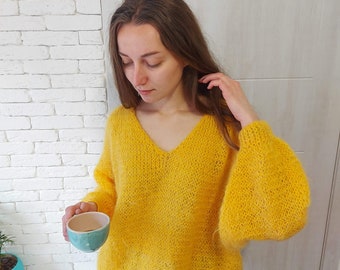 Hand Knit Wool Blend Sweater: Yellow V-Neck Jumper (S-M)