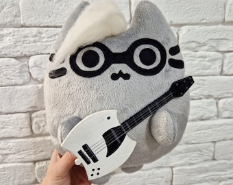 ギターを持ったぬいぐるみロックプシーンキャット：職人手作り