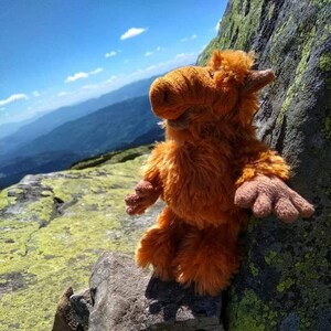 以下が含まれることがあります： 長い鼻を持つオレンジと茶色のぬいぐるみが、岩の多い山の頂上に座って、白い雲のある青い空を見上げています。