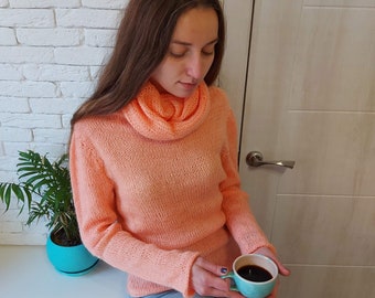 Suéter de mezcla de lana tejido a mano: jersey de cuello vuelto (tallas S-M)