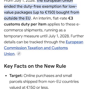 May include: A digital screen displaying information about a new European Union tax policy effective July 1, 2026. The text explains the end of duty-free exemptions for packages under €150 and a temporary €3 customs duty per item until July 1, 2028.