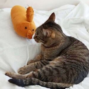 May include: A brown tabby cat with green eyes is lying on a white bedspread. The cat is looking at a plush orange cactus toy with black eyes and a brown nose.