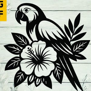 Papagaio Tropical SVG com Flor de Hibisco | Arquivo de Corte Floral de Pássaro PNG DXF para Cricut e Laser, digital