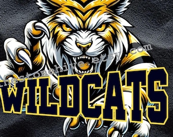 May include: A digital graphic featuring a fierce tiger with yellow and black stripes, claws extended, and the word "WILDCATS" in bold, outlined letters. The image includes the text "RHINESTONEHIVE" and "PNG FILES FOR SUBLIMATION, DTG, DTF".