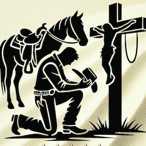 Vaquero arrodillado ante la cruz – Diseño digital de fe cristiana occidental (SVG, PNG), diseño de camisetas, digital