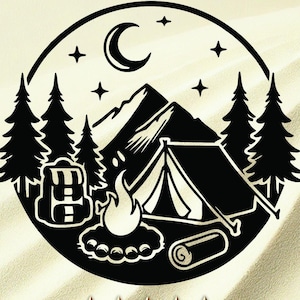 May include: Black and white silhouette design of a camping scene with a tent, campfire, mountains, trees, and a crescent moon. The design is in a circle with the text "Rhinestonehive" above the circle.