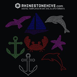 BUNDLE: Nautical, anchor, sea star, crab, yacht, dolphin rhinestone template digital download, svg, eps, png, dxf