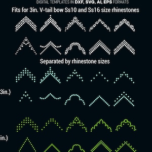 NEW: 10 Cheer Bow Rhinestone Templates, ss10 and ss16 size rhinestones, V tail, 3 inch, various  patterns, digital download, svg,eps,png,dxf
