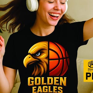 Golden Eagles Basketball Mascot PNG – Split Face Eagle & Basketball Design | DTF, DTG, Sublimation Printable File