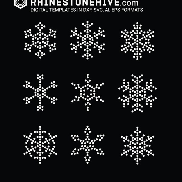 9 small snowflakes rhinestone template digital download, svg, eps, png, dxf rhinestone template