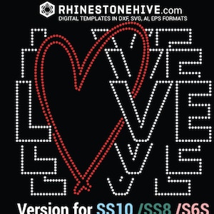 LOVE tilled with heart rhinestone template digital download SS10, SS8, SS6, svg, eps, ai, png, dxf