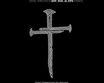 Plantilla SVG de cruz de uñas con diamantes de imitación / Diseño de fe cristiana / Diseño de piedra SS10 para Cricut y Silhouette