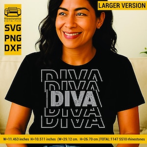 Peut inclure: T-shirt noir avec le mot "DIVA" en strass blancs, répété quatre fois verticalement. L'image comprend le texte "Rhinestonehive DIGITAL FILES SVG PNG DXF" et les dimensions du motif : 29,12 cm de large et 26,70 cm de haut.