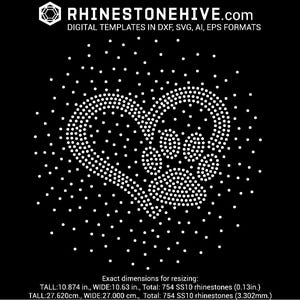 Paw with heart scattered rhinestone templates digital download, svg, eps, png, dxf